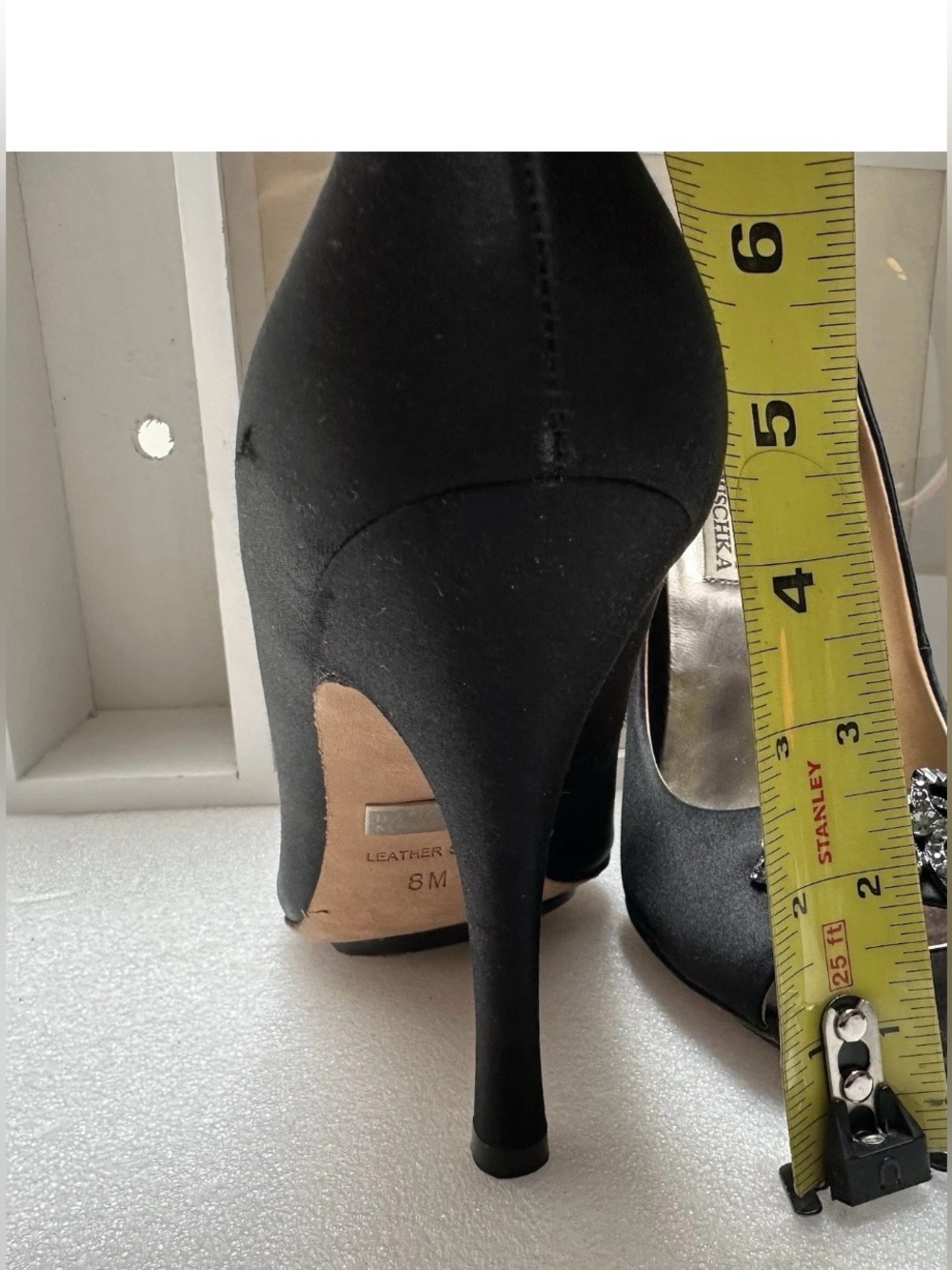 Badgley Mischka Monique Black Satin Open Toe Pumps Stiletto Shoes Black Size 8 - Picture 9 of 9